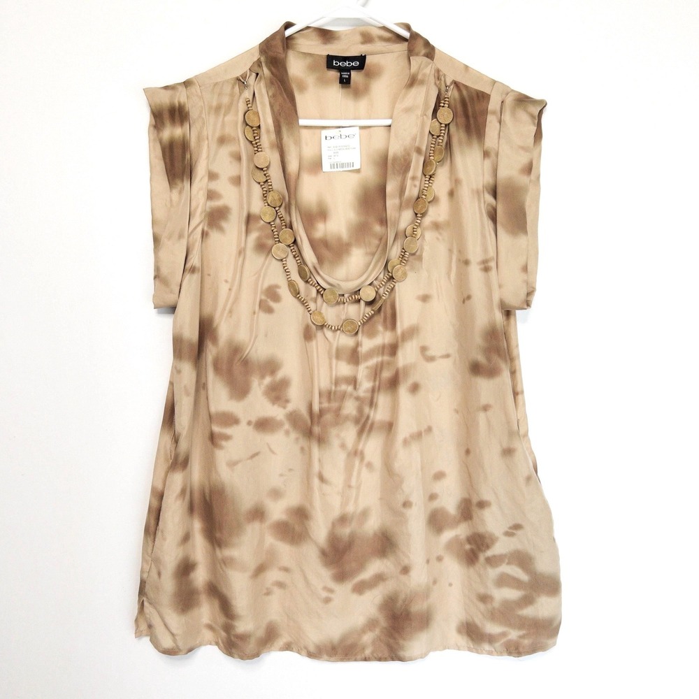 Vintage Y2k Bebe Silk Tunic Top with Removable Necklace (Brown Tan)